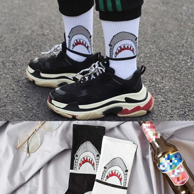 Moda tubarão hip hop meias homens meias longas dos desenhos animados hiphop rua esporte skate preto branco tripulação meias de rua moda presentes