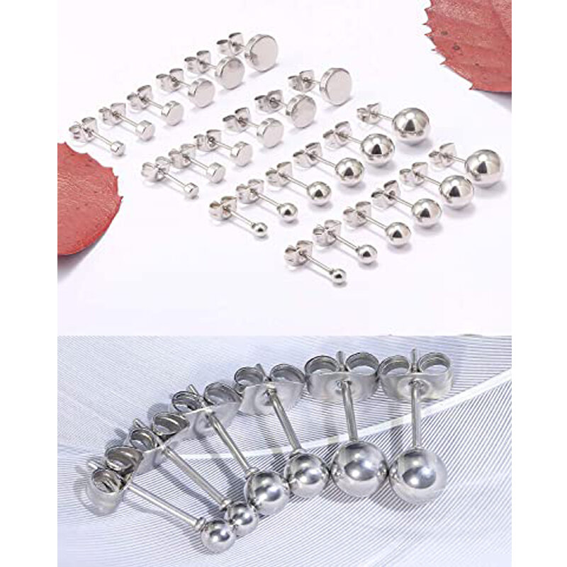 12 Pairs Stainless Steel Flat Top Stud Earrings Round Ball Stud Earrings Ladies Men Barbell Stud Earrings Set Mixed Size 3-8mm