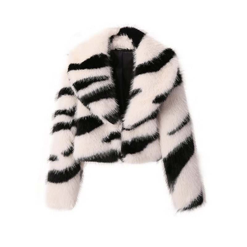 2023 Winter Zebra Faux Fur Coats Women Goth Punk Fluffy Big Collar Faux Fox Fur Short Jackets Y2K Loose Furry Outwear Overcoats