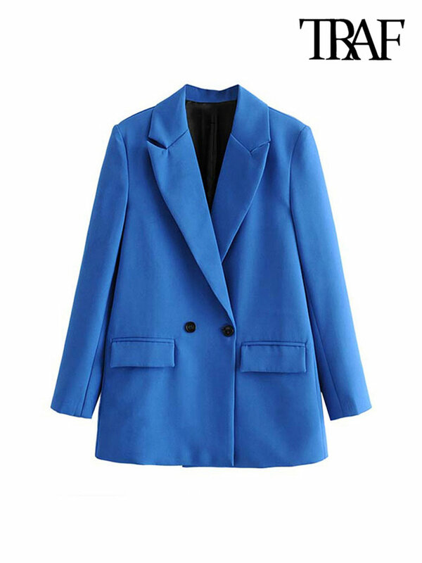 Женский офисный двубортный Блейзер TRAF, винтажное пальто с отложным воротником и длинным рукавом, верхняя одежда, Стильные топы