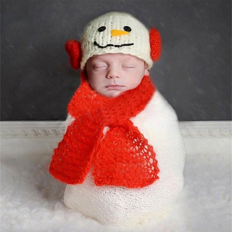 Conjunto chapéu e cachecol malha para bebê, conjunto acessórios para fotografia boneco neve recém-nascido, 2