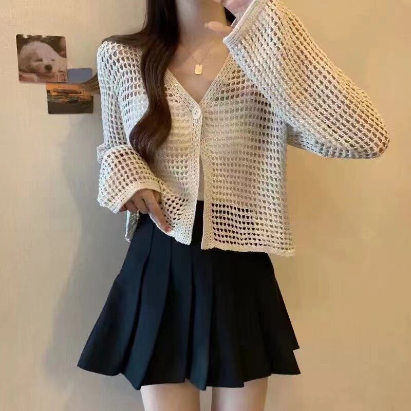 2024Summer New Korean Style Loose Outerwear Knitwear Short Cape Top Hollow out Long-Sleeved Sun-Proof Cardigan Women