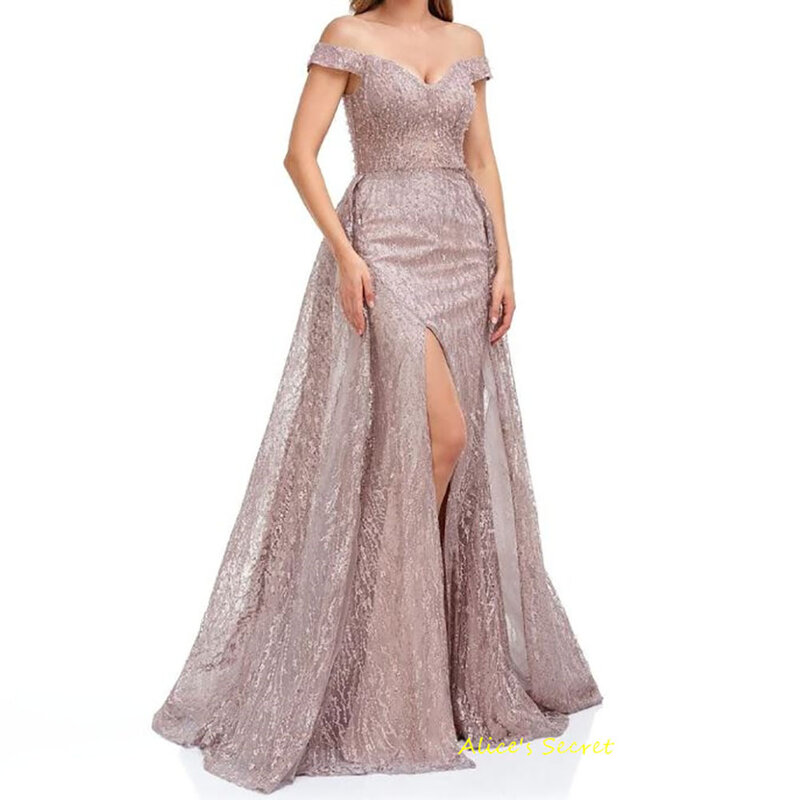 A-Line Tulle Off Shoulder Sweetheart Embroidery High Slit Floor Length Prom Gown Dress Robe de Bal