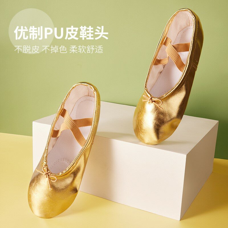 Sepatu balet emas kulit PU profesional, sepatu latihan Yoga balet wanita dewasa, sandal dansa cakar kucing