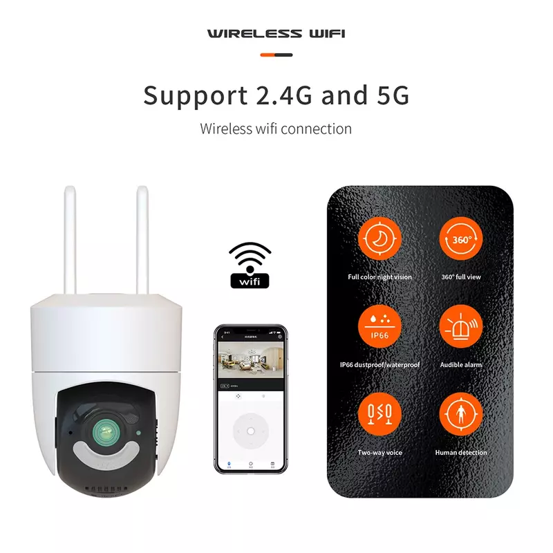 Câmera impermeável Home Security, Detecção de movimento, Câmera IP ao ar livre, Câmera de vigilância de alarme, Dual Band, WiFi, 2.4G, 5G, 4MP