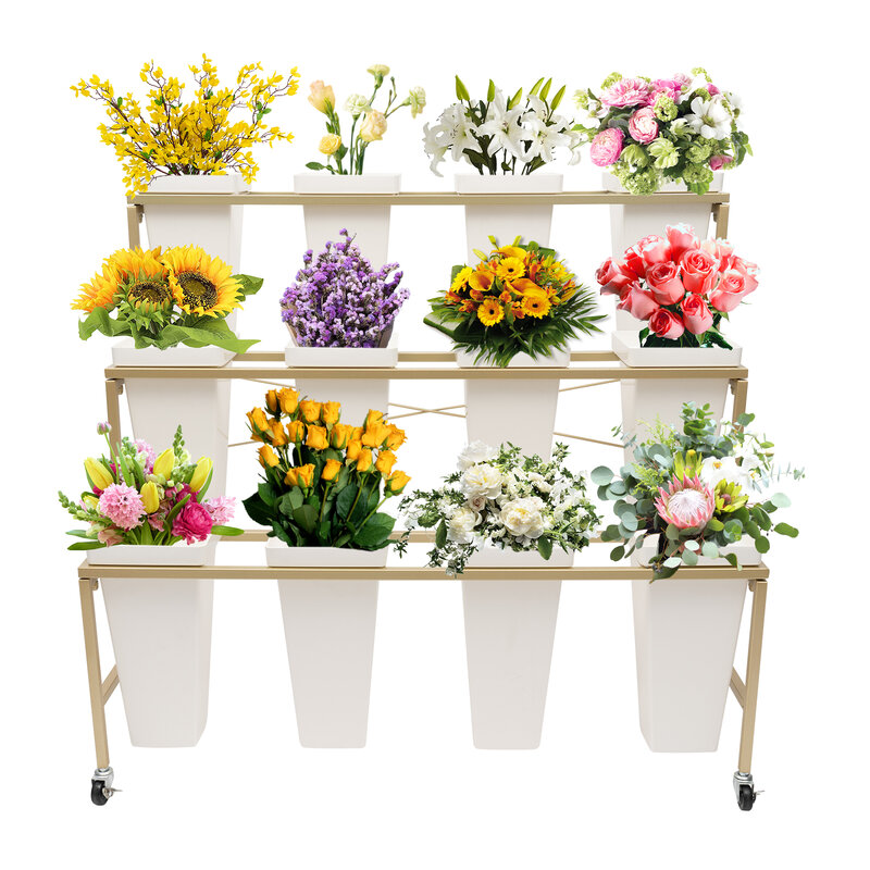 3-lagiger Metall-Hochleistungs-Pflanzen ständer mit Blumen ständer und 12-teiligem Eimer und Rädern für Garten floristen im Innen-und Außenbereich