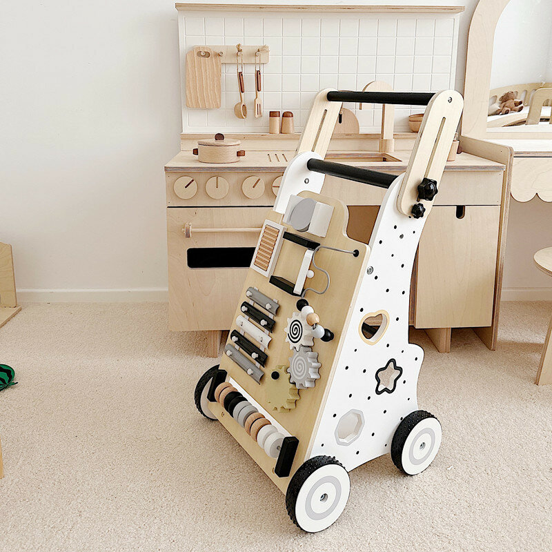 Cochecito de bebé con pata en forma de O, juguete multifuncional de madera, asistencia para caminar