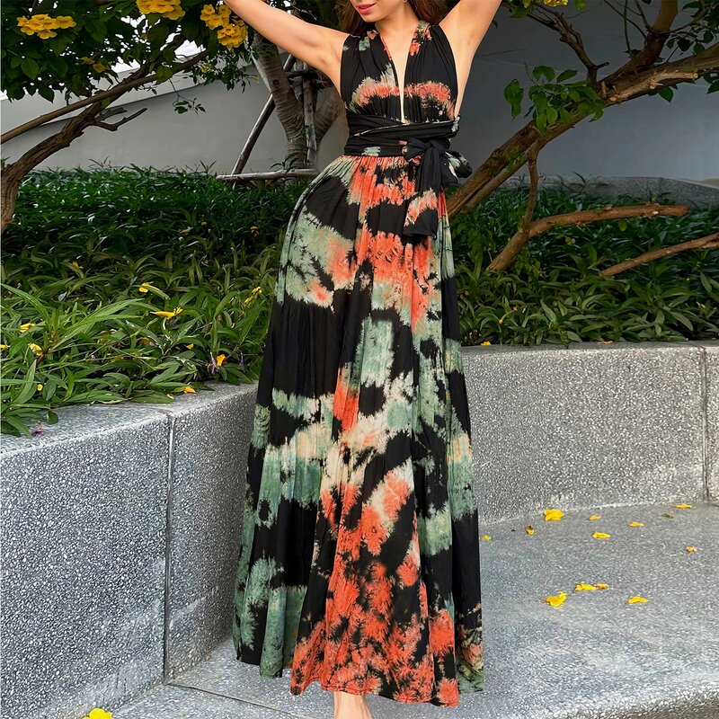 Summer Fashion Trend Dress Casual Sleeveless Tie Dyed Hanging Neck Backless Dress Daily Leisure Vacation All-Match Maxi Dresses