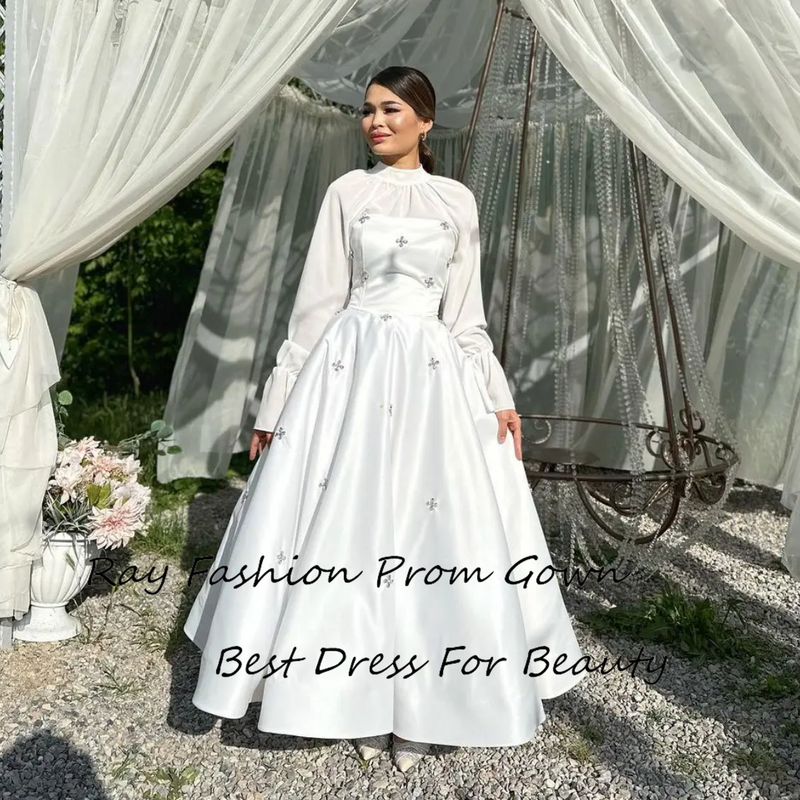 Stunning A Line Prom Dress Satin High Neck With Long Sleeves Beaded Floor Length Cliassic Formal Party Gowns Vestidos De Noche
