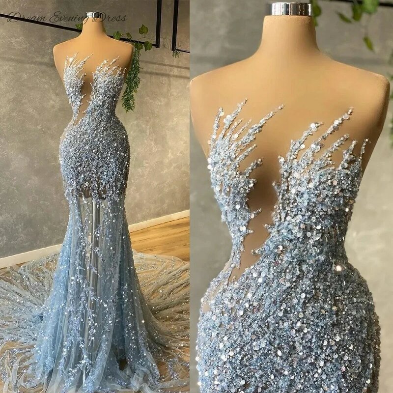Gaun malam impian elegan 2023 payet renda biru gaun Prom putri duyung gaun acara Formal perspektif manik-manik seksi