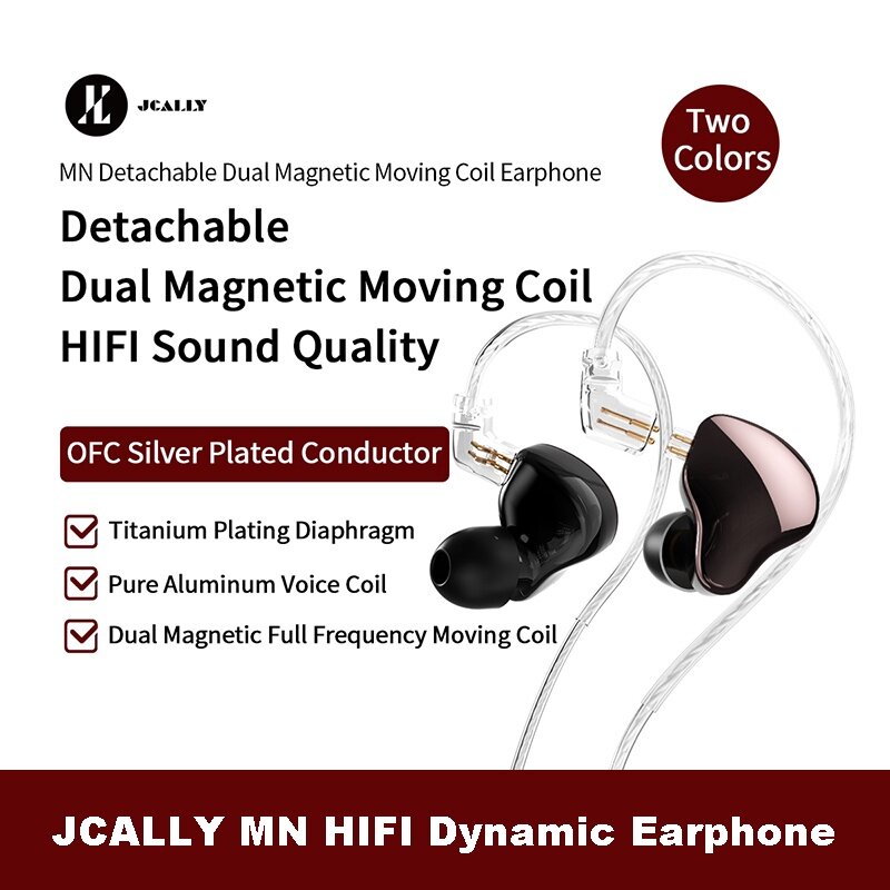 JCALLY MN In-ear HIFI Earphone Dual Magnetic Circuit Moving Coil Headphones DJ Music Fever Headset with Detachable Upgrade Cable