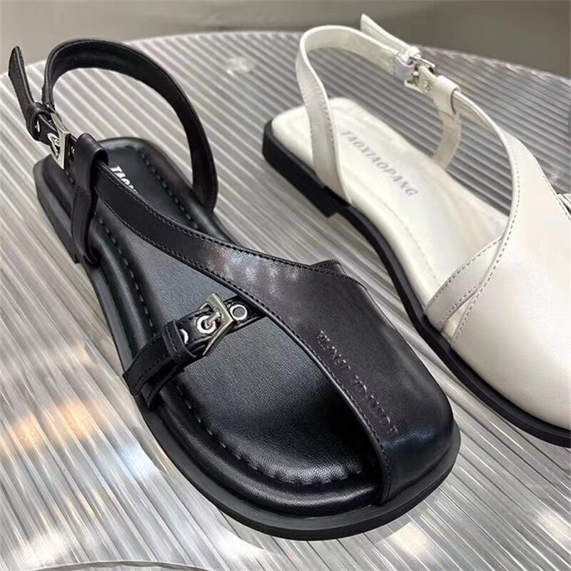 Summer New Style Women Sandals Square Buckle Shallow Square Head Low Heel Shoes Patent Leather Single Shoes Outer Wear Fashion