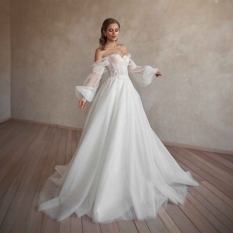 Sweetheart Collar Tulle Appliques Wedding Dress for Women Court Lace up A-line Illusion Wedding Gown with Removable Sleeve
