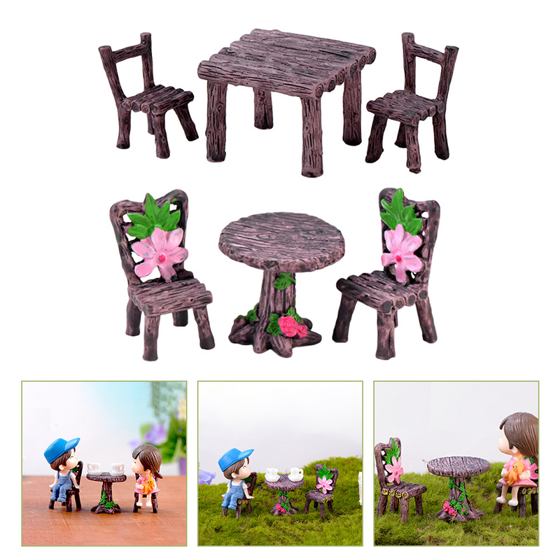2 Sets Micro Landscape Ornament Out Door Decor Table Stool Wooden Resin