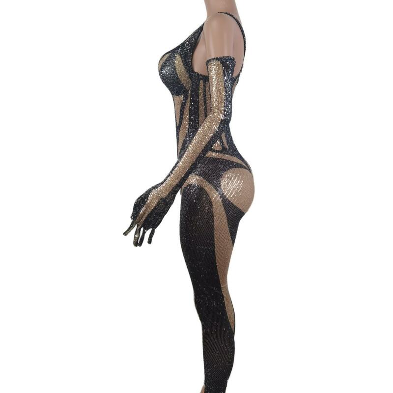 섹시한 블랙 스팽글 점프 슈트 장갑, 여성 나이트 클럽 슬립 레오타드 댄스 의상, 생일 파티 의상, 폴 댄스 드래그 퀸 옷