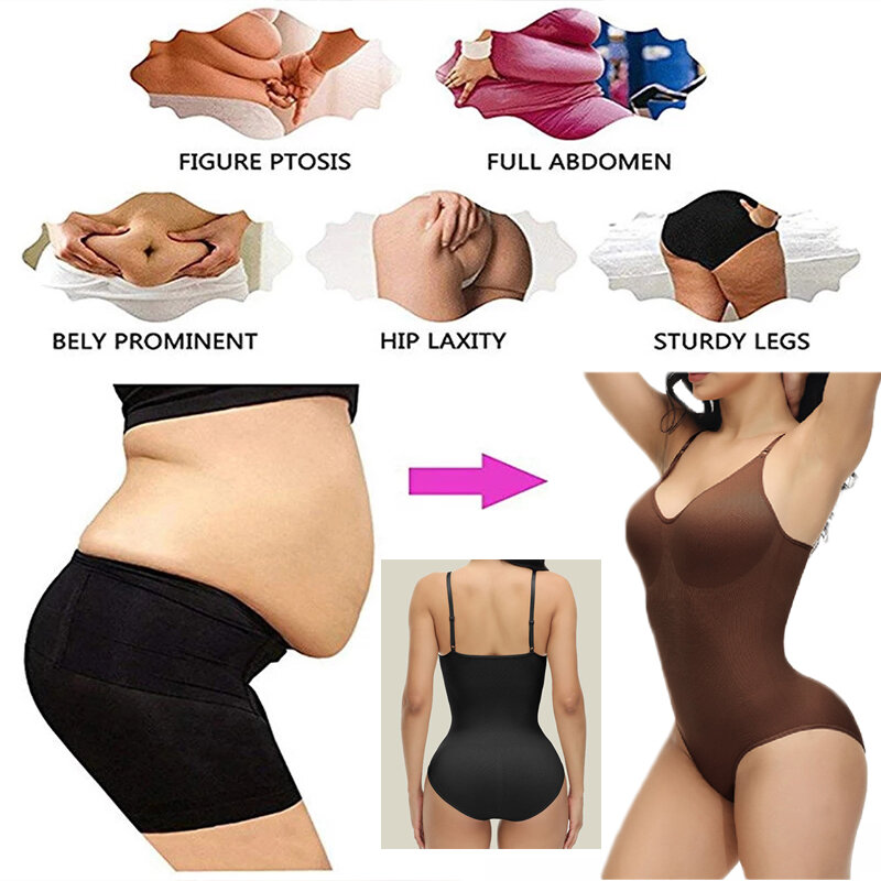GUUDIA V Neck Spaghetti Strap Bodysuits Compression Body Suits Open Crotch Shapewear Slimming Body Shaper Smooth Out Bodysuit