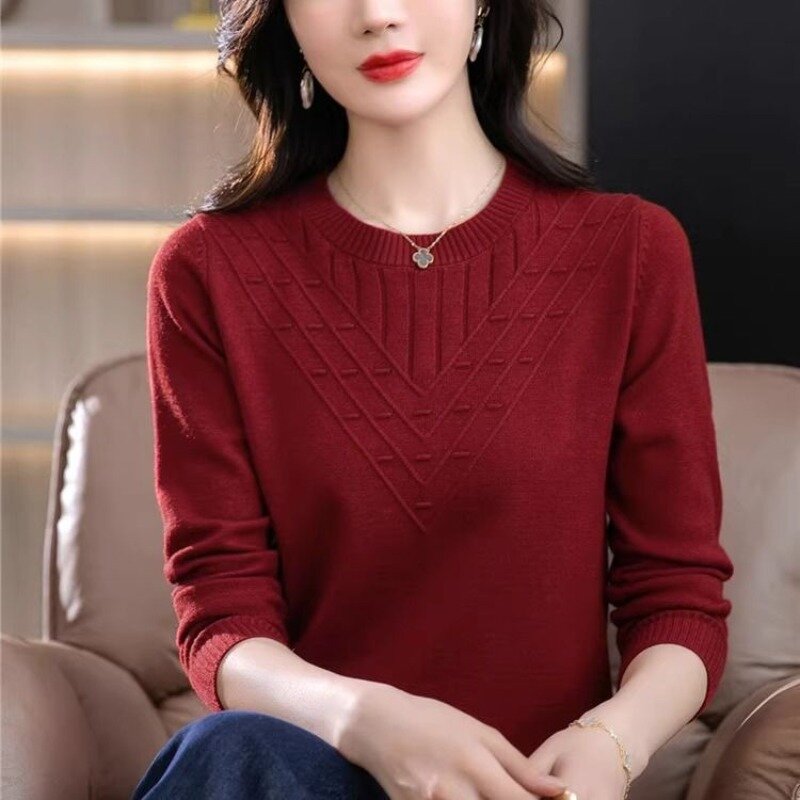 Suéter feminino com rosca de pescoço redondo, tops de manga comprida, suéter solto de malha monocromático, elegante e elegante, primavera e outono