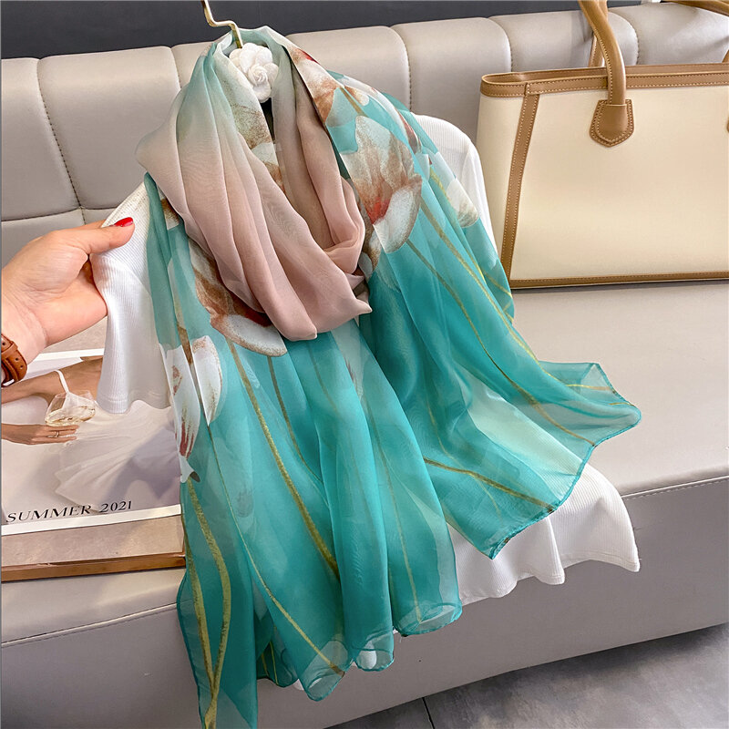 Floral grande xales fino lenço de seda feminino primavera foulard 2023 verão praia stoles moda feminina hijab protetor solar envoltórios bufanda