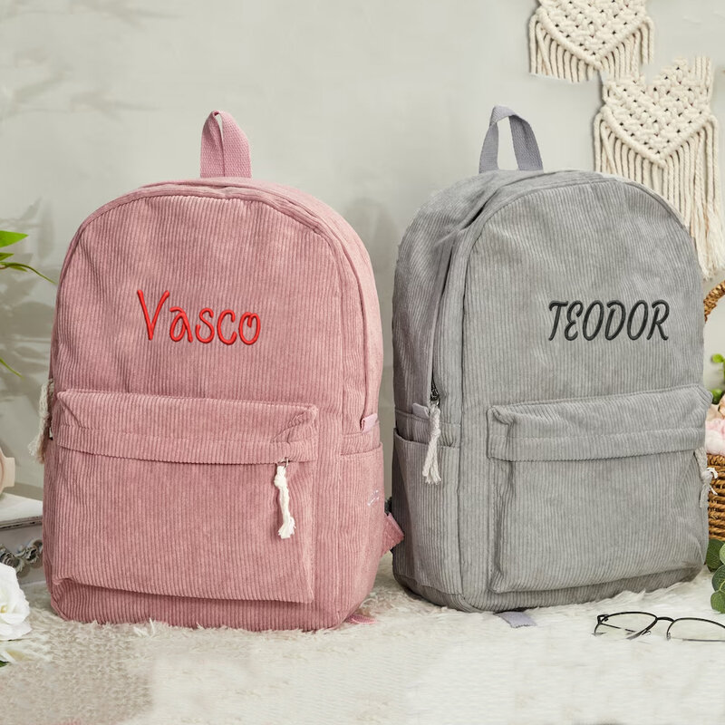 Personalized Name Solid Color Large Campus Schoolbag Custom Boys Girls Corduroy Backpack Pink Black Color Female Gift Backpacks