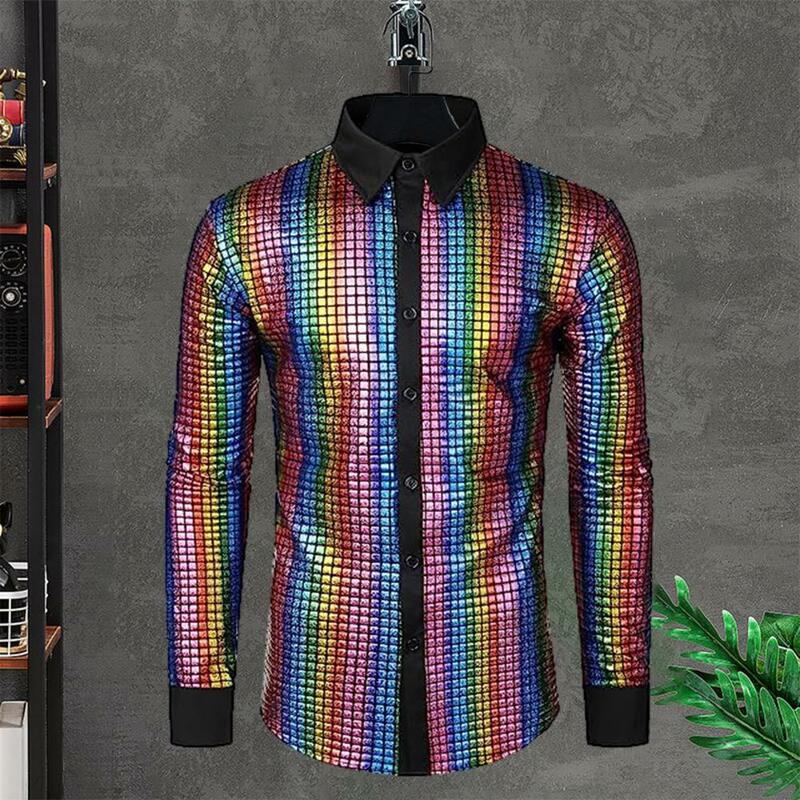 Shiny Men Shirt Men Disco Shirt Sparkling Sequin Men's Shirts for Club Dance Stage Performances Stand Collar Single-breasted