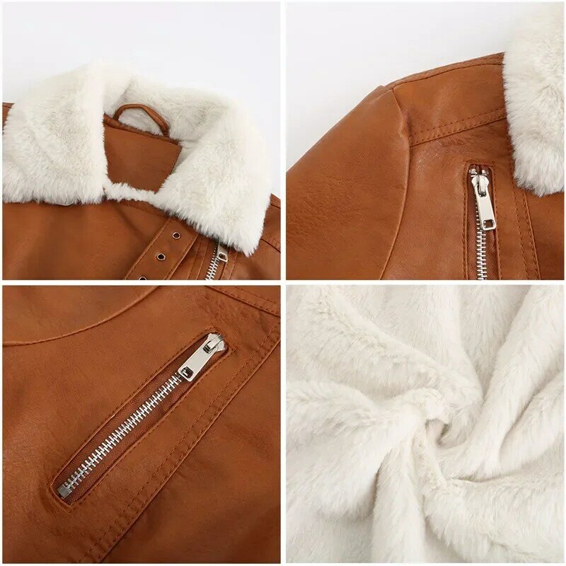 Jaqueta de couro PU feminina, slim fit, forrado a lã, casaco de couro falso grosso e quente, jaqueta de moto biker, XS-XXXL, inverno