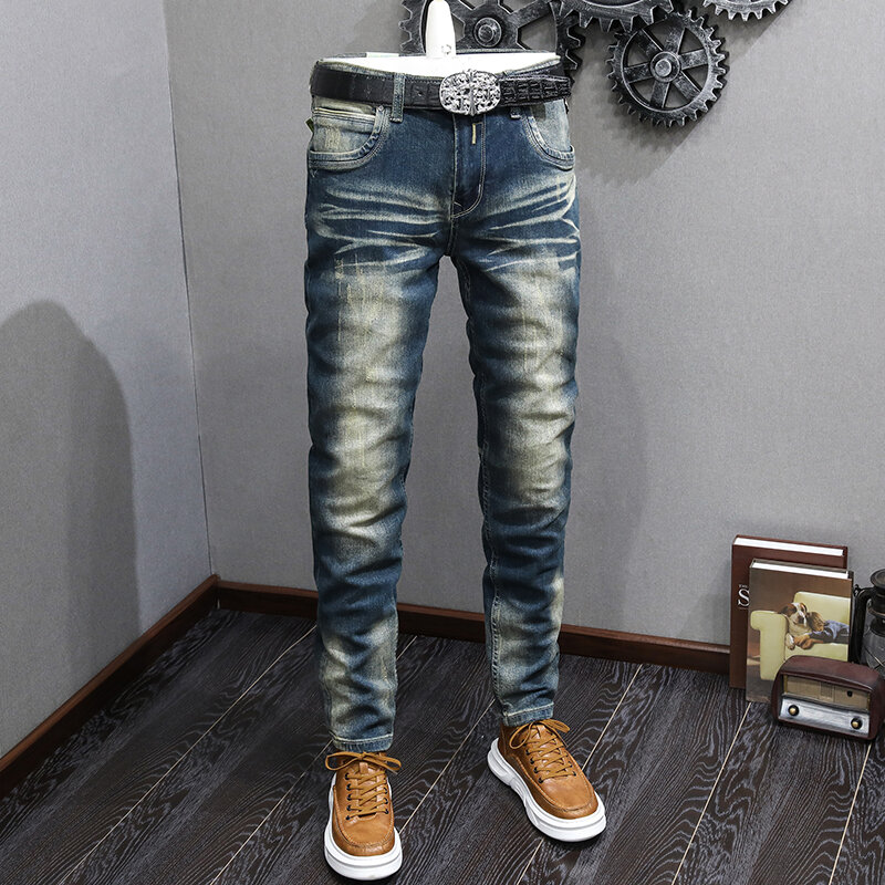 حديثا موضة Vintage الرجال الجينز الرجعية الأزرق تمتد سليم صالح ممزق جينز الرجال السراويل المرنة مصمم غير رسمي الدنيم السراويل Hombre