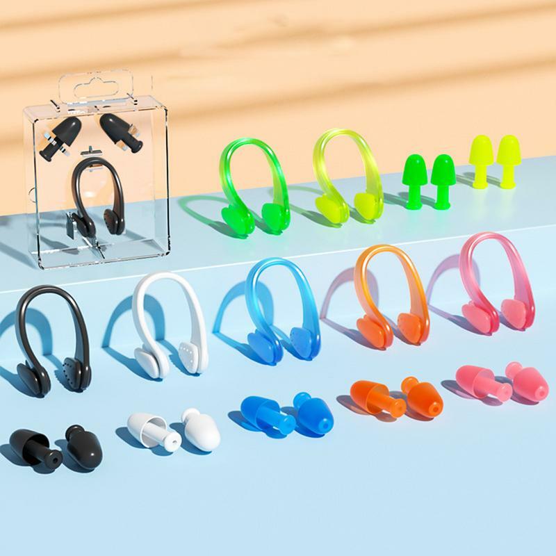 Silicone natação Ear Plugs, nariz Clip Set, reutilizável, impermeável, macio, atualizado pacote de caixa, nariz clipe
