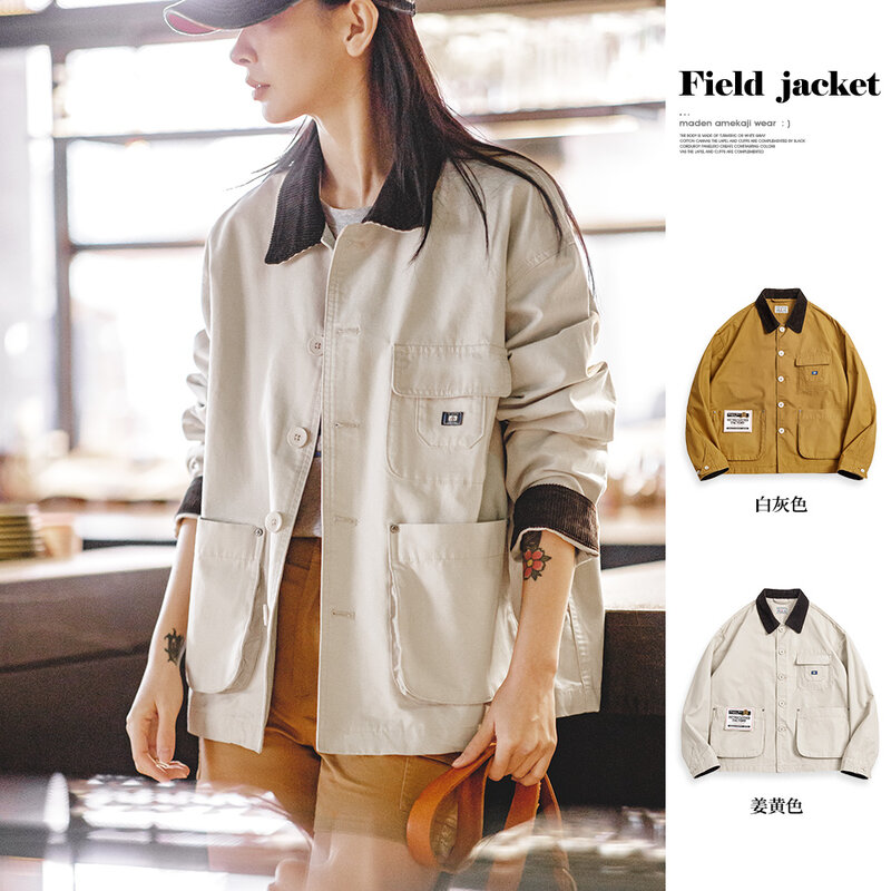 Maden-abrigo de Patchwork de pana Vintage para mujer, chaqueta de cuello alto, ropa de trabajo de algodón, Top suelto, primavera y otoño