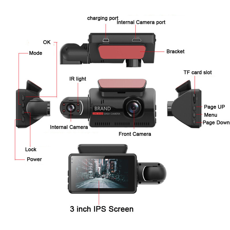 FHD carro DVR câmera traço cam, registro duplo, gravador de vídeo escondido, 1080p, visão noturna, monitoramento de estacionamento, g-sensor