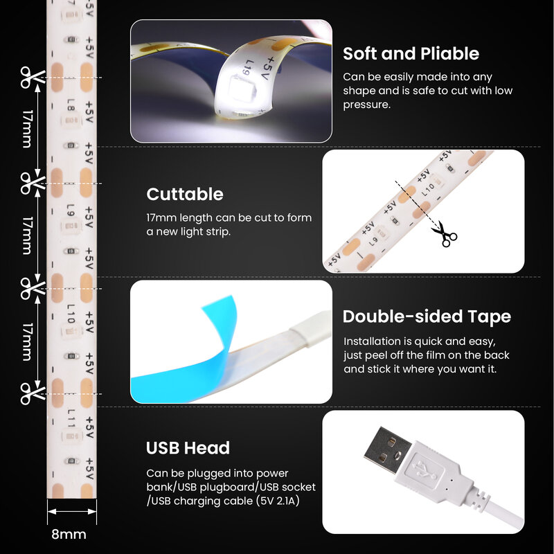 Strip LED USB 5V, dengan Sensor sapu tangan/peredup Sentuh/sakelar ON OFF 1M 5M pita dekorasi pita cahaya untuk lampu latar ruang dapur