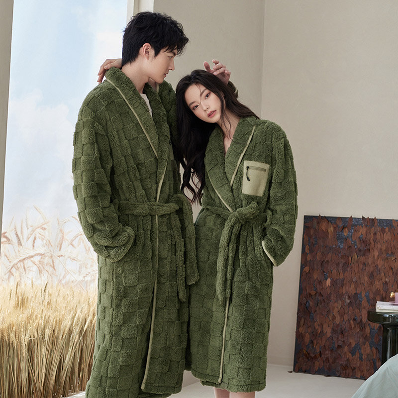Winter Flannel Couple Long Sleepwear Robes Thick Terry Robe Female Long Sleeve Kimono Warm Bathrobe Home Wear Peignoir Men Robe
