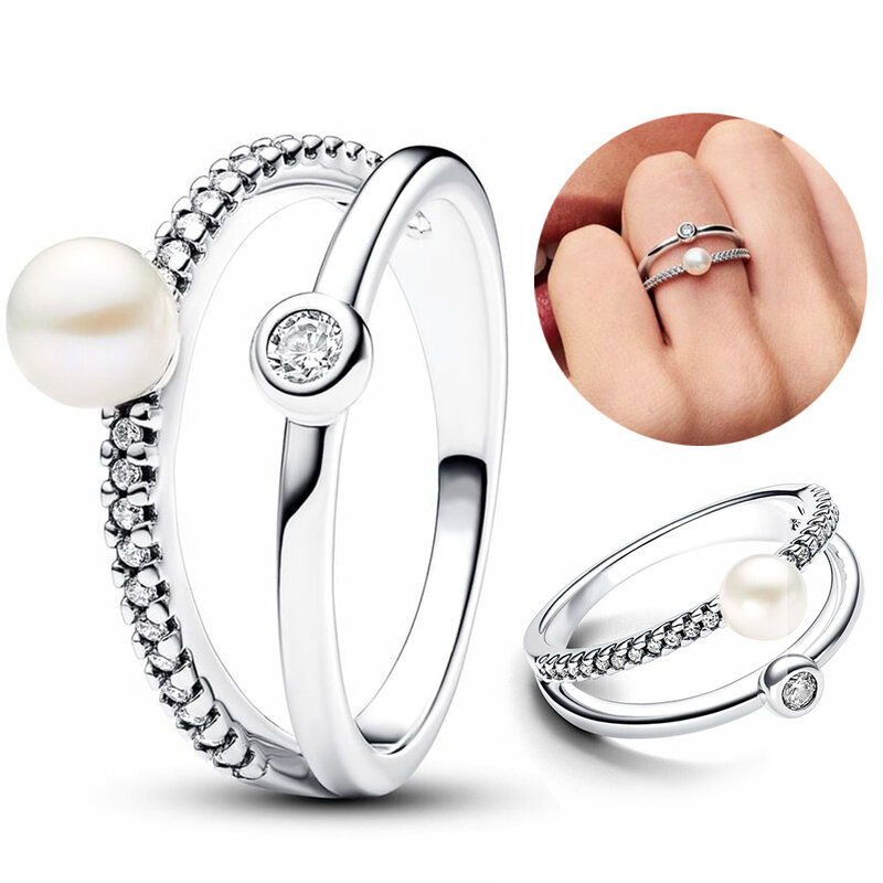 Pearl & Pavé Double Band Ring 925 sterling silver Ring for Women Zircon Design Original Sparkling Ring Hot Sale DIY Jewelry Gift