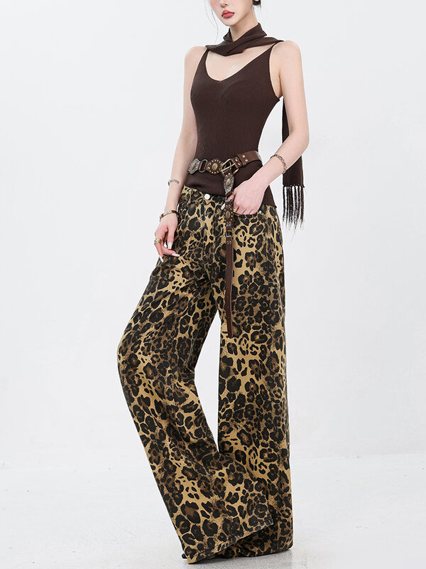 Retro Leopard Printed Jeans Women Streetwear Fashion Baggy Hip-hop Loose Wide Leg Jeans Vintage Denim Trousers