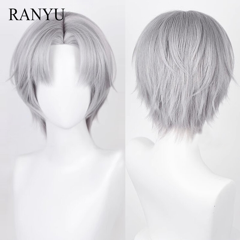RANYU Anime Game Cosplay Grey Middle Part Wig Synthetic Short Straight Fluffy Hair Heat Resistant Wig for Party