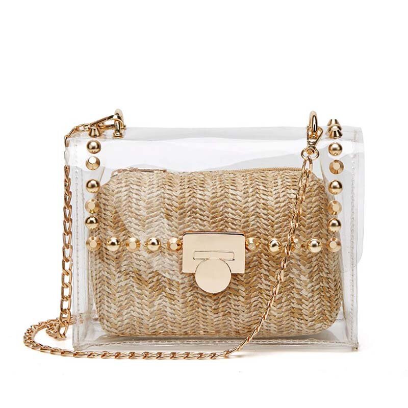 Plastic Jelly Bag With Straw Purse Wallets Soft Surface Daybag Crossbody Bag With Chain Transparent Handbags With Rivet Clutch