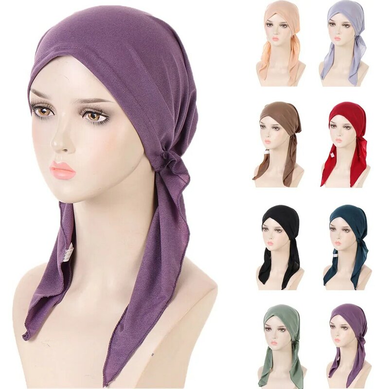 Muslim Women Hijab Stretch Solid Turbante Inner Hat Cancer Chemo Beanies Caps Pre-Tied Scarf Headwear Headwrap Hair Accessories