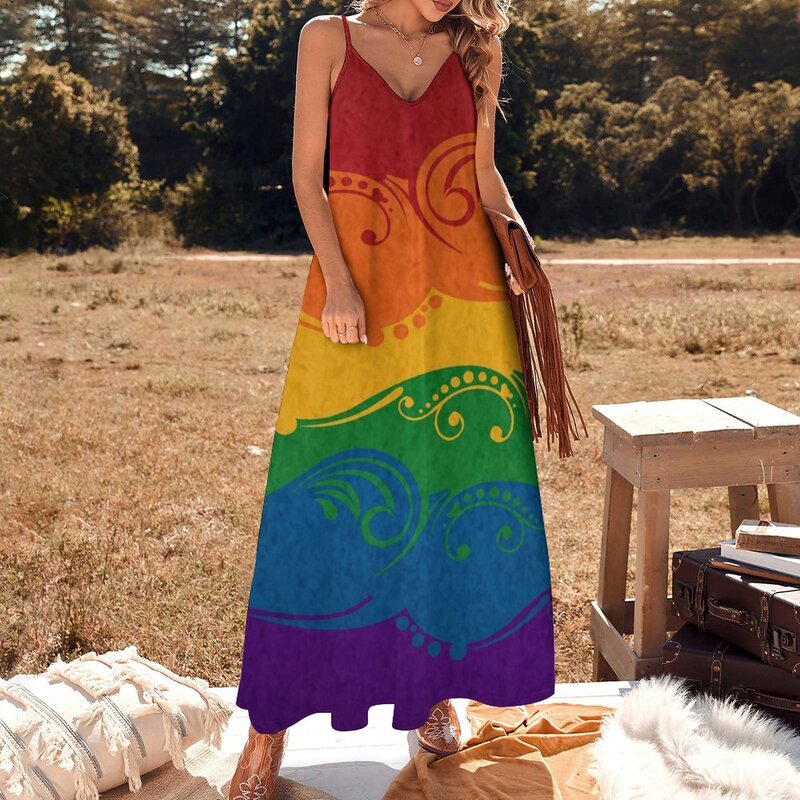 Fancy Swooped and Swirled LGBTQ Pride Rainbow Flag Background Sleeveless Dress women clothes Women's clothing