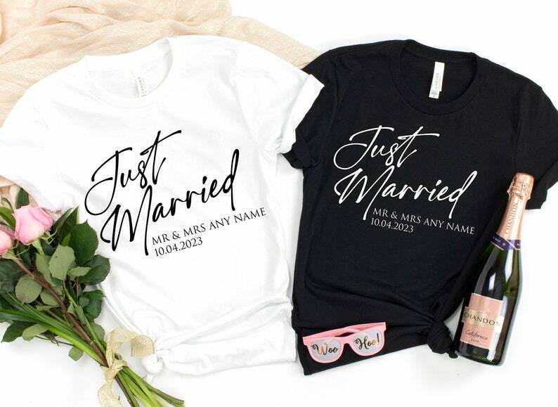 Casais lua de mel apenas casado t-shirt, Streetwear personalizado, combinando casamento Tee, goth Y2K, 100% algodão, marido e esposa casais lua de mel
