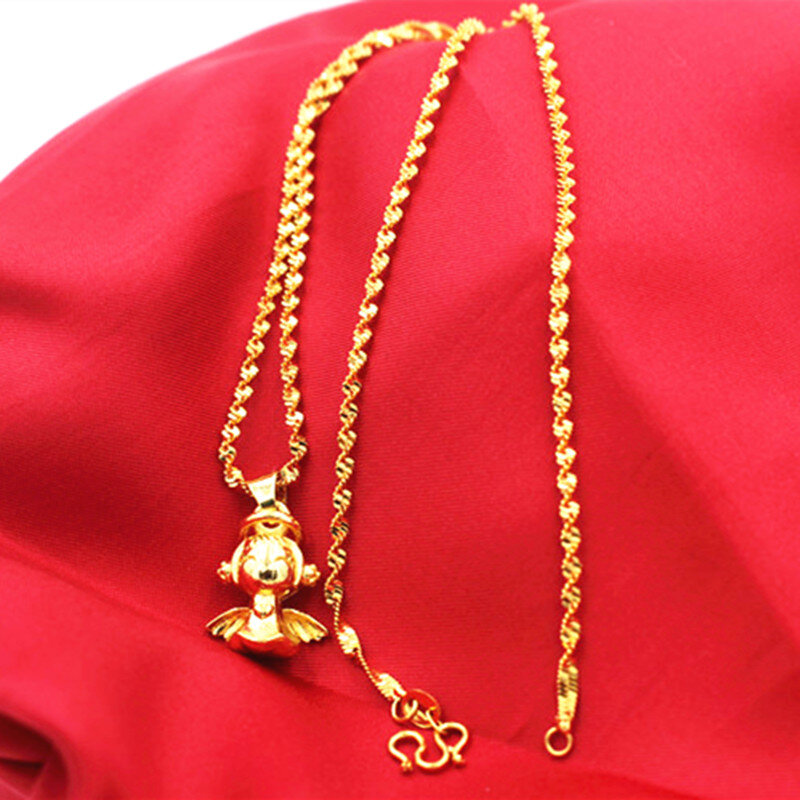Kalung Berlapis Emas 24K Choker Malaikat Lucu untuk Wanita Perhiasan Wanita Hadiah Liontin Gelombang Air dengan Rantai Riak Air