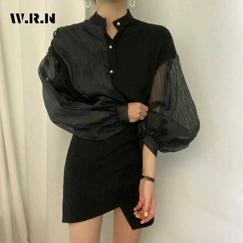 Korean Women's Stand Collar White Patchwork Blouses 2024 Spring Casual Style Single Breasted Loose Fit Chic Long Sleeve Shirts