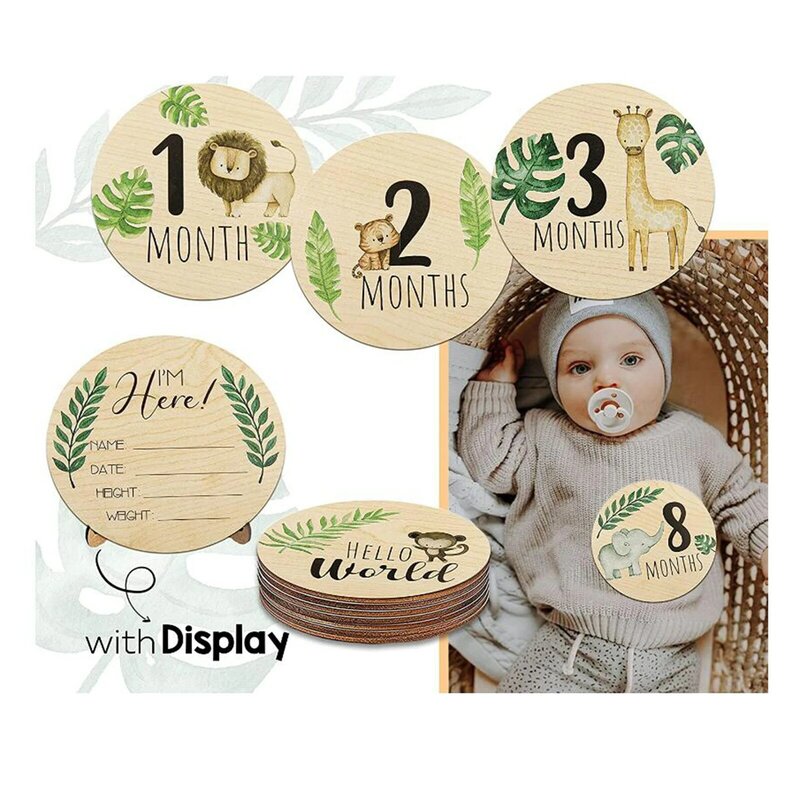 赤ちゃん用の7x木製フォトカード,新生児用のパーソナライズされた写真アクセサリー,毎月の笑顔のディスク,記念品のおもちゃのシャワー