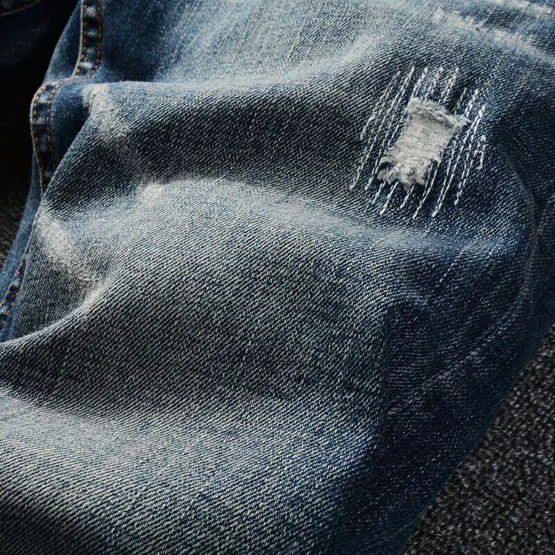 Pantalones vaqueros rasgados elásticos Retro para hombre, Jeans rasgados delgados, pantalones de mezclilla de diseñador bordados, azul lavado, alta calidad, moda Vintage