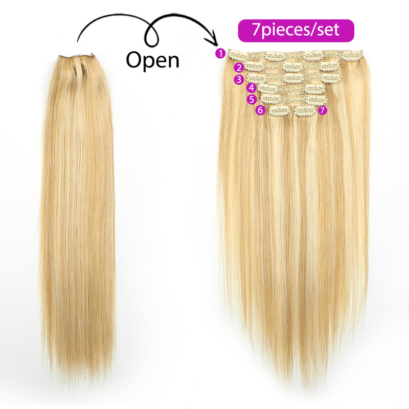 Clip In Human Hair Extensions 100% Natural Real Hair Extension Clip-On Hair Piece Full Head Ombre Color 18"-24" P18-60
