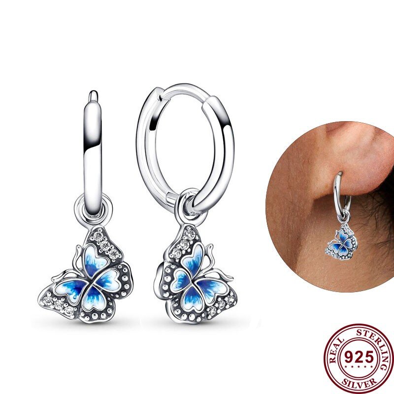 New Hot 925 Silver Glittering Feather Tricolor Pansy Pearl Original Women's Snowflake Logo Earrings Wedding DIY Charm Jewelry
