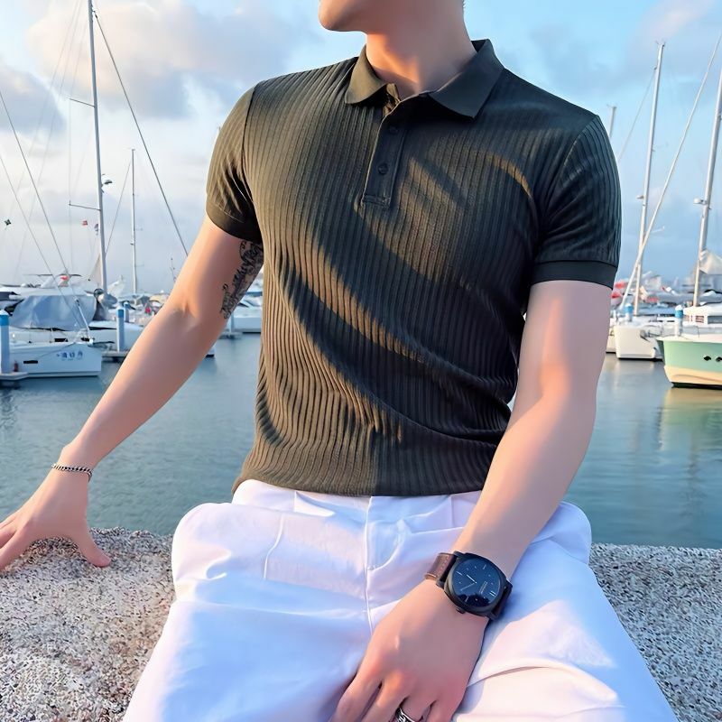 Men's Ice Silk Slim All-match Polo Shirts Summer New Short Sleeve Solid Color Trend Tops Tees Fashion Street Casual Men Clothing