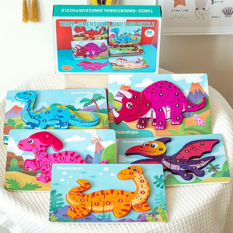 لغز ديناصور خشبي ثلاثي الأبعاد للأولاد ، ألعاب الألغاز التعليمية التعلم ، 1 مجموعة ، 4 حزم