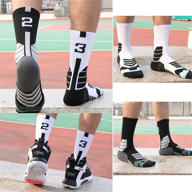 ถุงเท้ากีฬาหนาสำหรับเล่นบาสเก็ตบอลวิ่งแบบมืออาชีพสีดำถุงเท้ากันลื่นสีขาว