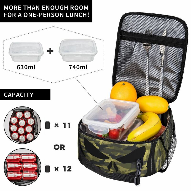 Fiambreras portátiles de camuflaje de calavera Punisher personalizadas, enfriador térmico multifunción, bolsa de almuerzo aislada para alimentos, trabajo de oficina