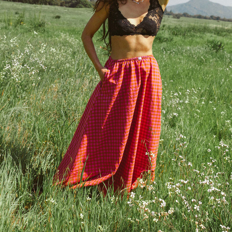 Women's long aesthetic skirt plaid elastic waist A-line skirt spring and summer casual loose skirt streetwear