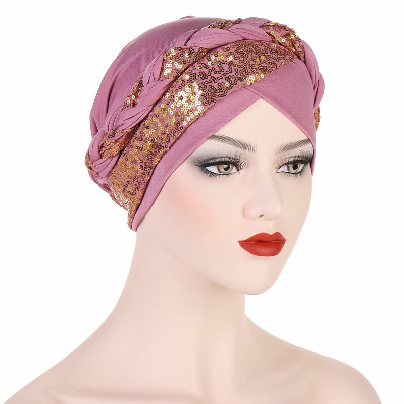 Turban wanita dengan Dekor kepang payet elastis Musilim hijab untuk wanita dahi silang wanita Ramadan pakaian Headwrap